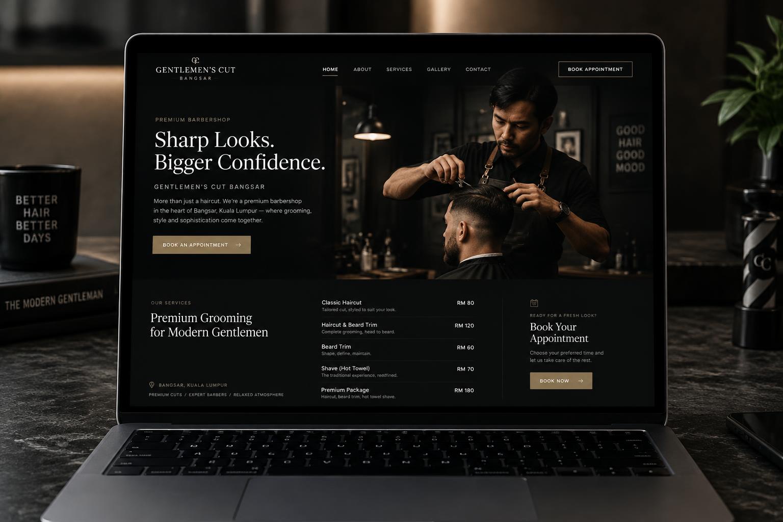 The Old Quarter Barber Co. barbershop website concept with a service list and appointment booking